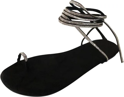 Miniatura 4 de AODONG Sandalias planas para mujer, sandalias de gladiador hasta la rodilla, con cordones, zapatos de verano, sandalias planas de playa