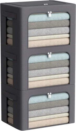 Miniatura 14 de Paquete de 3 cajas de almacenamiento con marco, bolsas de almacenamiento de ropa, tela Oxford, plegable, apilable, juego organizador con ventana