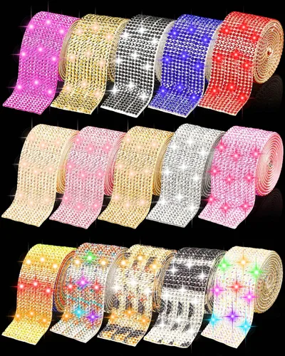 Miniatura 8 de Meanplan 15 rollos de tiras de cinta autoadhesivas con diamantes de imitación de cristal, brillantes, brillantes, colores mezclados, rollo de cinta