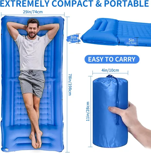 Miniatura 2 de SEVNPRIME Colchoneta de dormir para acampar de 78 x 29 x 5 pulgadas, colchón de aire compacto e impermeable mejorado, bomba de pie incorporada