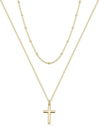 Miniatura 18 de Fettero - Collar con dije de cruz de fe, chapado en oro de 14 K, cadena fina, minimalista, simple, pequeña, para oración, regalo de joyería religiosa