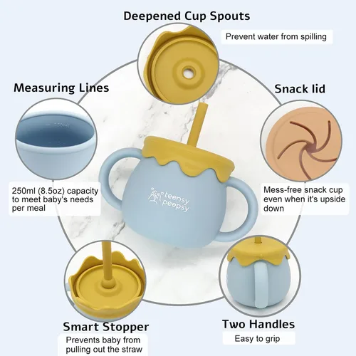 Miniatura 6 de Tarro de Miel Pot 3 en 1 Taza de Entrenamiento de Silicona de 8.5oz, Taza para Sorber para Bebé con Popote y Tapa para Snacks para 6 meses+ Taza