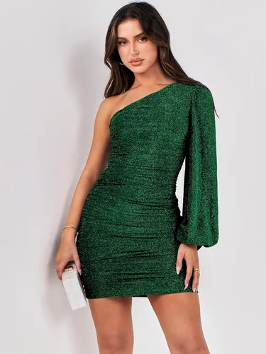 Miniatura 4 de ANRABESS Vestido corto de cóctel de un hombro para mujer, con purpurina, sexy, fruncido, entallado, para fiesta, graduación, vestido corto formal