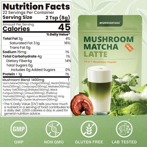 Miniatura 2 de Mushroom Matcha Latte, té verde matcha ceremonial en polvo con 14 hongos, probióticos y polvo MCT, melena de león, reishi y chaga Mezcla