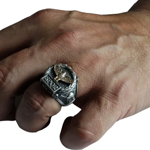 Miniatura 5 de Anillo de plata de ley y oro macizo amarillo de 10 quilates hecho a medida con águila del imperio romano SPQR Skull Biker para hombre