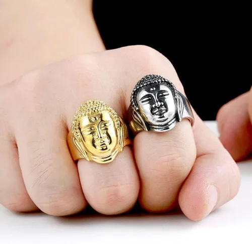 Miniatura 3 de HUYHOAT - Anillo protector de buda de acero inoxidable 316L de la India budismo Sanskr Ganesha protector de Buda SU0JE (dorado-8)