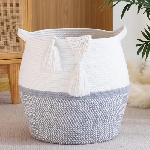 Miniatura 8 de KAKAMAY Cestas tejidas para almacenamiento (17 x 17 pulgadas), cesta grande de lavandería para bebé tejida con cuerda de algodón, cesta de Flecos