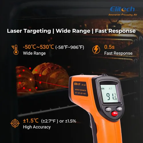 Miniatura 4 de Elitech Pistola de temperatura láser, termómetro infrarrojo digital sin contacto, emisividad ajustable, luz de fondo, de mano para parrilla, carne