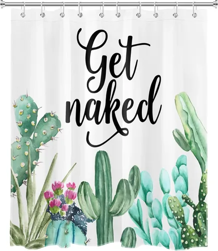 Miniatura 2 de LB Get Naked - Cortina de ducha de cactus con citas divertidas, plantas tropicales, suculentas, verdes, acuarela, cactus y flores, cortinas de ducha