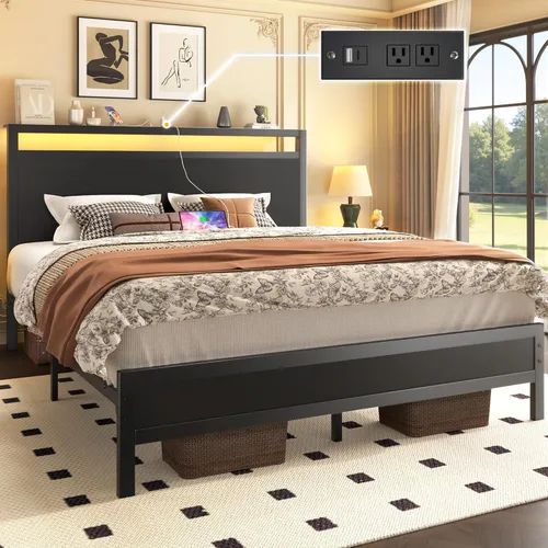 Miniatura 4 de Fluest Base de cama Queen con cabecero y estribo, marco de cama con estación de carga integrada y luz LED, estante de almacenamiento, sin ruido,