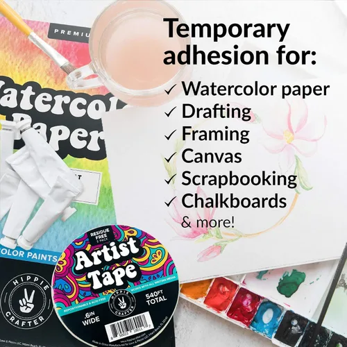 Miniatura 2 de HIPPIE CRAFTER Paquete de 3 cintas blancas para artistas, cinta adhesiva extraíble para papel de acuarela, pintura, dibujo, marco de lienzo, sin