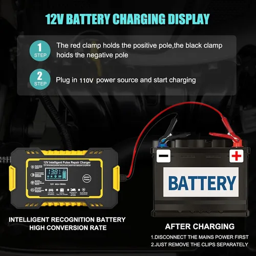 Miniatura 6 de Cargador de batería de coche de 12 V 6 A, cargador inteligente de batería para mantenimiento de batería de 12 voltios automotriz con compensación