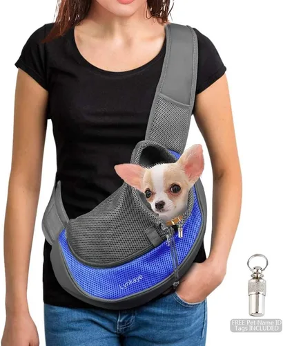 Miniatura 8 de Bolsa de viaje pequeña para perros y gatos – Transportador de mascotas manos libres con correa ajustable y barril de identificación de acero