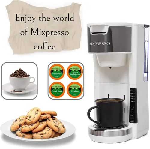 Miniatura 4 de Mixpresso - Cafetera blanca para una sola porción, compatible con cápsulas K-Cup y café molido, cafetera compacta de 30 oz para una sola porción