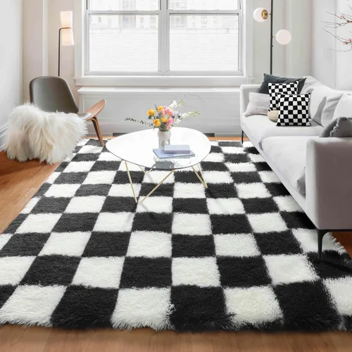 Miniatura 66 de KICMOR - Tapete a cuadros afelpado, peludo, mullido, color beige y blanco crema, pequeño, de 2 x 3 pies, para dormitorio, sala, junto a la cama
