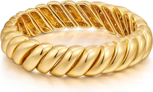 FAMARINE Brazalete trenzado fino o grueso chapado en oro de 14 quilates, pulsera elástica elástica para parejas