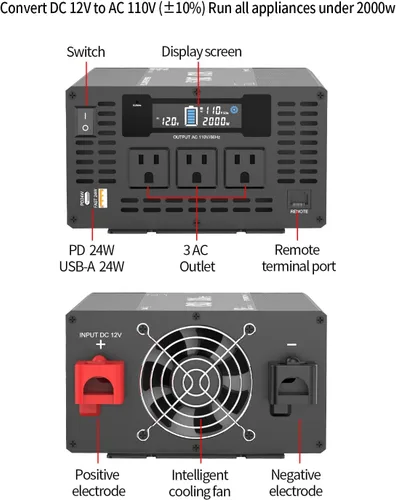 Miniatura 7 de YSOLX Inversor de corriente de onda sinusoidal pura de 2000 W, convertidor de corriente de 12 V a 110 V/120 V CA para el hogar, RV, camión, puerto