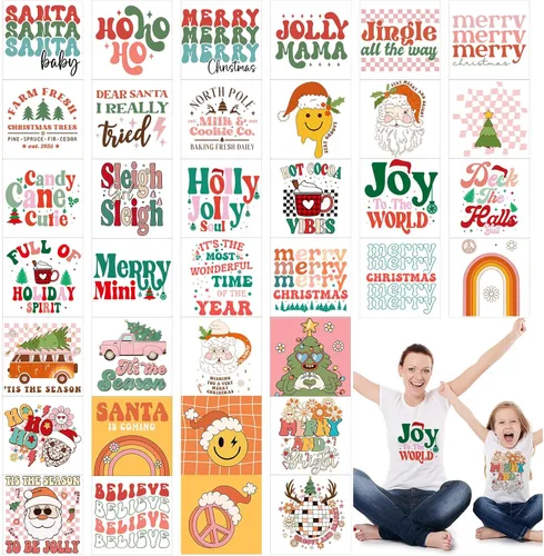 Honoson 36 hojas de transferencia de Navidad para planchar, transferencia DTF listas para prensar, divertidos apliques de vinilo de transferencia de