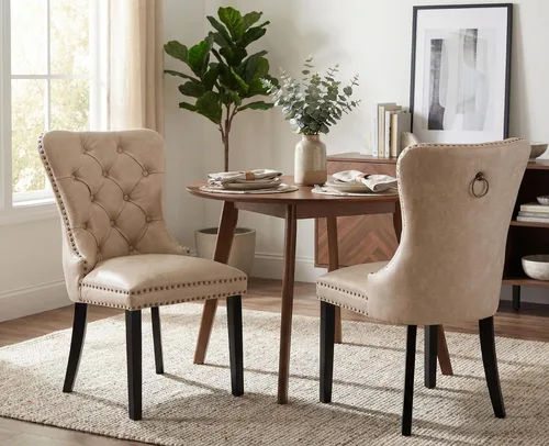 CIMOTA Juego de 2 sillas de comedor de cuero beige, modernas de mediados de siglo, sillas de comedor tapizadas para cocina, comedor, cómodas sillas