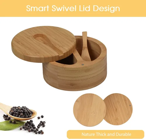 Miniatura 4 de Caja de bambú para sal y pimienta con tapas, bodega de sal dividida con tapa giratoria y mini cuchara, contenedores de almacenamiento de condimentos