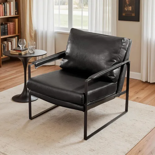 Miniatura 16 de Art Leon Silla de acento moderna de mediados de siglo, de piel sintética, con patas de metal negro, silla lateral única de salón para sala de estar