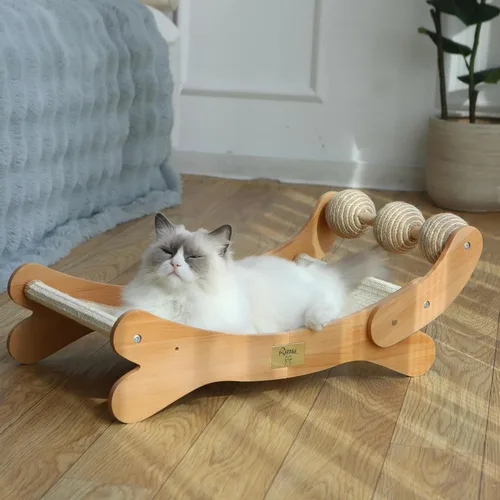 Miniatura 10 de Sisal - Cama rascador para gatos con 3 bolas de juguete para gatos de interior, hamaca 3 en 1 de madera duradera y almohadilla para rascar - muebles