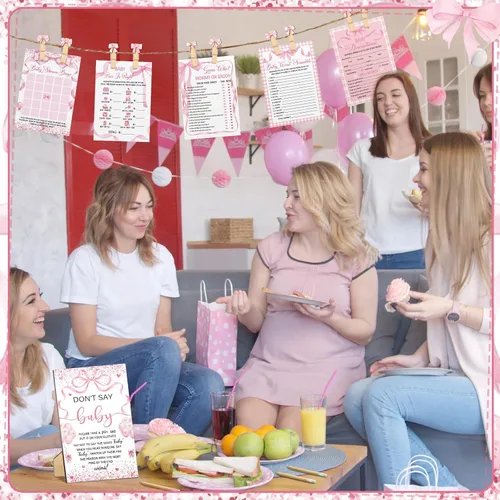 Miniatura 6 de Patelai Juego de 321 decoraciones de baby shower de lazo rosa 5 juegos incluyen cinta rosa Baby Shower Bingo Word Scramble Descripción El precio