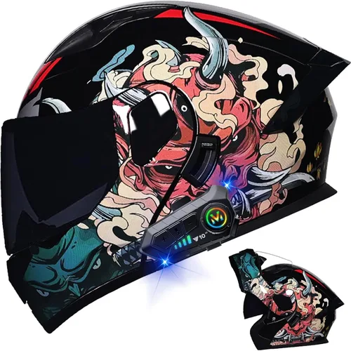 Miniatura 12 de Casco modular Bluetooth para motocicleta, aprobado por DOT, de cara completa, abatible, antivaho, doble visera, casco de motocicleta de calle, LENTE