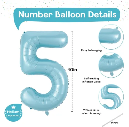 Miniatura 2 de Globos de número azul pastel de 40 pulgadas, globo gigante autoinflable de aluminio número 5 de cumpleaños para niños, globos azul bebé para hombres