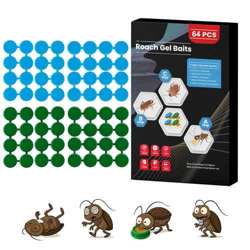 Paquete de 64 estaciones de cebo de gel para cucarachas en interiores, potente mata cucarachas en interiores para infestación de cucarachas, cebo de