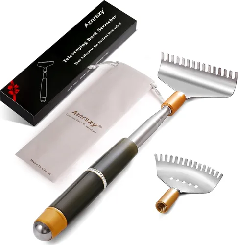 Rascador de espalda con 2 cabezas reemplazables, rascador de espalda para mujeres y hombres, rascador de cabeza y cuerpo con garras anchas de acero