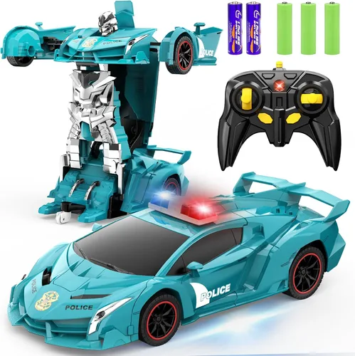 Miniatura 12 de FDJ - Auto a control remoto que se transforma en robot, transformación con un botón a robot con luz intermitente, juguete de policía para niños