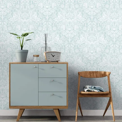 Miniatura 2 de World of Wallpaper Harlen Woodland Animal Flor y Planta Temática Pintado a Mano Estilo Damasco Papel pintado Dormitorio Guardería Pato Huevo Azul