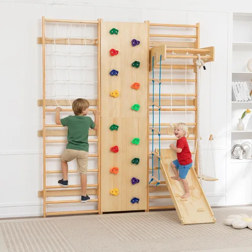 Miniatura 7 de Gimnasio de la selva de madera 5 en 1 para interiores para niños, escalera sueca montada en la pared con barra de agarre, anillos, columpio
