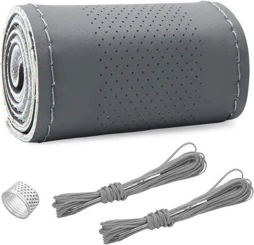 Miniatura 7 de Ziciner - Funda de cuero genuino para volante, transpirable, antideslizante, protector de volante de automóvil para un diámetro máximo de 15 Negro