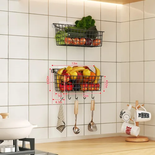 Miniatura 8 de Paquete de 2 cestas colgantes de pared para organizar, cesta grande de alambre de metal con 5 ganchos + 2 ganchos adhesivos largos y fuertes
