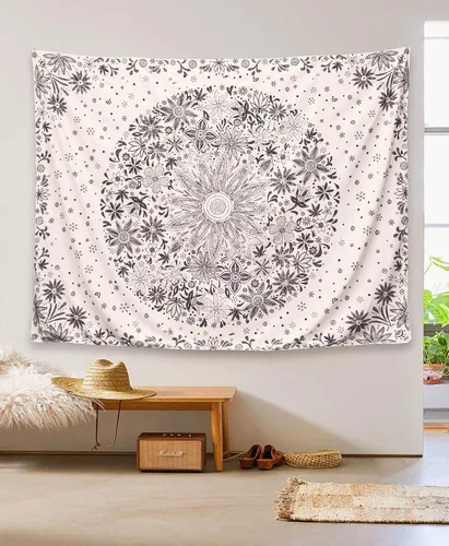 Miniatura 3 de Neasow - Tapiz estilo bohemio para colgar en la pared, estilo floral, blanco y negro con circunferencia de margarita con lunares, decoración