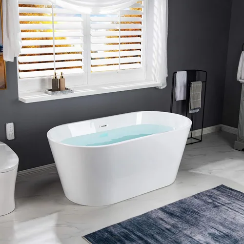 Miniatura 3 de WOODBRIDGE Bañera independiente de acrílico de 59 "bañera contemporánea de remojo blanco con desbordamiento y drenaje de cromo, B0014-CH Cromado