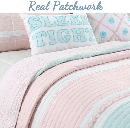 Miniatura 2 de Cozy Line Home Fashions Juego de ropa de cama acolchado reversible de niña con volantes rosa claro y azul de 100% algodón, colcha, cubrecama