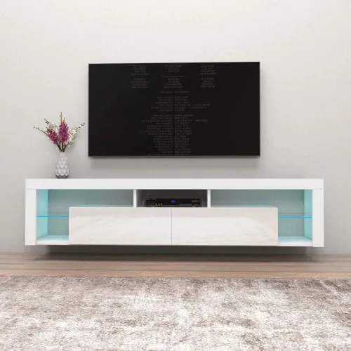 MEBLE FURNITURE & RUGS Milano 200 - Soporte flotante para TV de hasta 90 pulgadas, moderno centro de entretenimiento de alto brillo de 79 pulgadas,