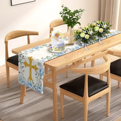 Miniatura 3 de Pudodo Camino de mesa de bautismo para niños, Dios bendiga la primera comunión, bautizo, baby shower, fiesta, cocina, comedor, decoración del hogar