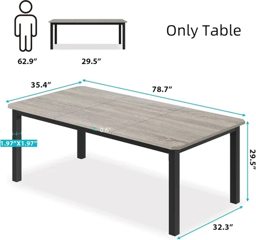 Miniatura 2 de GarveeHome Mesa de comedor industrial para 6-8 personas, mesa de cocina de 78.7 pulgadas de largo con marco de metal resistente y asientos, 6