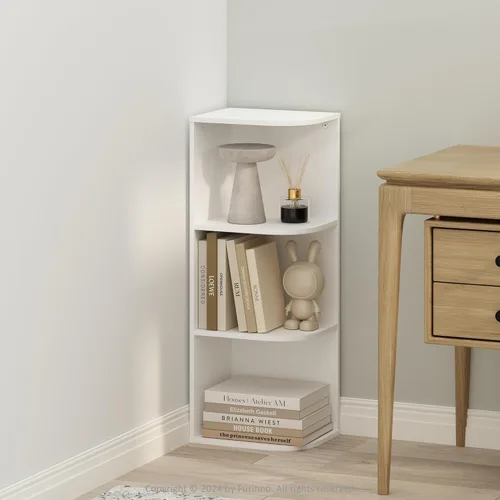 Furinno Reed - Estantería esquinera de 3 niveles, estante para libros, estantes de esquina, estante de almacenamiento, para organización y Blanco