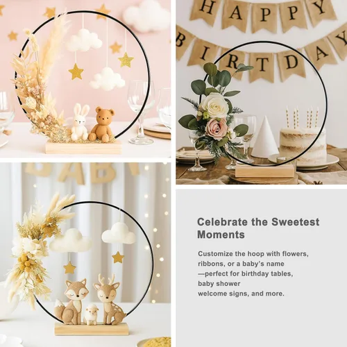 Miniatura 2 de Paquete de 10 aros florales negros con soporte, anillos de metal de 12 pulgadas para centros de mesa, decoración de mesa, manualidades, anillos
