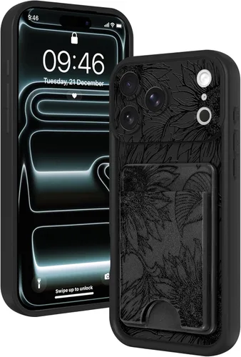 Miniatura 7 de Fiyart Funda diseñada para iPhone 17 Pro Max, tarjetero con ranura para tarjetas, diseño de flores, diseño de girasoles, antiarañazos, protección