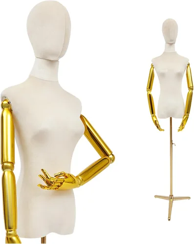 Adjustable Female Dress Form Mannequin, Apricot Velvet Display Torso with Gold Tripod Stand, Height 63-80 inches, for Clothing Store, Bridal Shop,