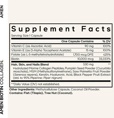 Miniatura 2 de Amen Vitaminas de colágeno de biotina + suplemento de biotina de 10,000 mcg – Colágeno hidrolizado, vitaminas C y E, folato, ácido hialurónico
