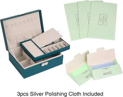 Miniatura 6 de Joyero para mujer cuero con candado organizador portátil de joyas de 2 capas y caja de almacenamiento collares pulseras anillos soporte para aretes