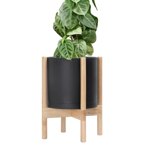 Miniatura 21 de Maceta de D'vine Dev con soporte - Maceta de flores de cilindro de plástico de 8.0 pulgadas con soporte de madera para interiores, maceta mate negra