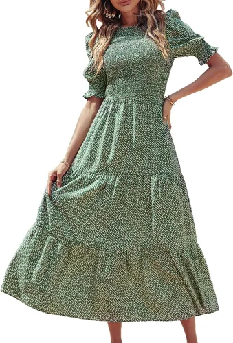Miniatura 14 de BTFBM Vestidos para mujer, cuello redondo, casual, de verano, con volantes, manga corta, bohemio, con niveles, fruncido, largo, con estampado floral